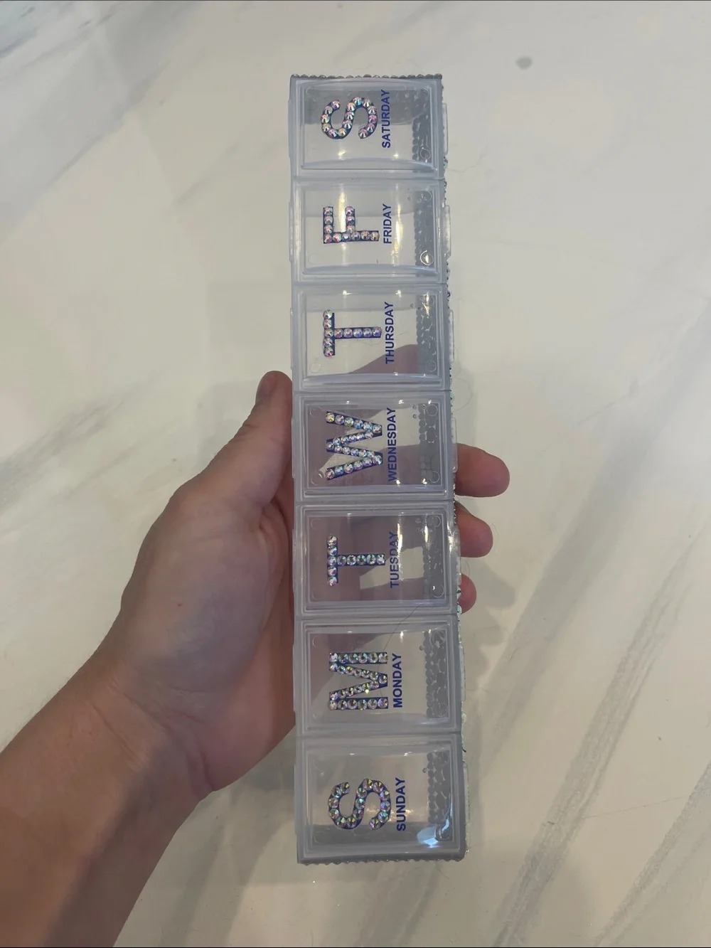 Handmade Daily Pill Organizer Box with Rhinestone Trim - White